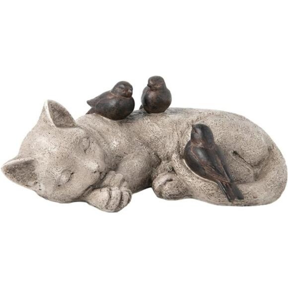 Sleeping Cat Garden Statues Outdoor- 12"Sparrows On Cat Figurine Memorial Statue - Picture 5 of 7